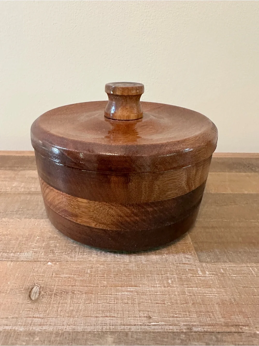 Vintage Hand Turned Solid Wooden Lidded Covered Bowl w/ Knob - Brown Trinket Box